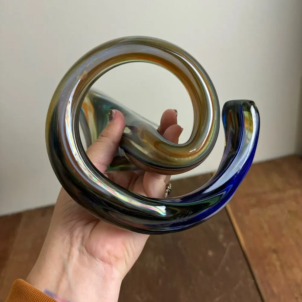 MCM Vintage Blue Green Murano‎ Style Stretched Serpentine Vase Blown Art Glass - Picture 6 of 9